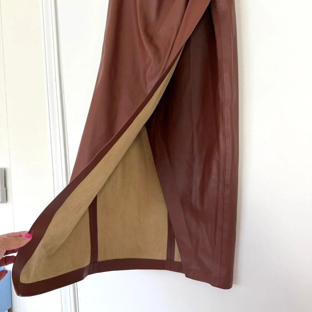Jason Wu $270 Faux Leather Ruched Midi Skirt Cognac Brown‎ Size XS